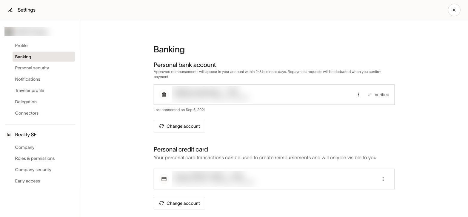 Settings, Banking. Approved reimbursements land here in two to three business days. Account details are blurred.