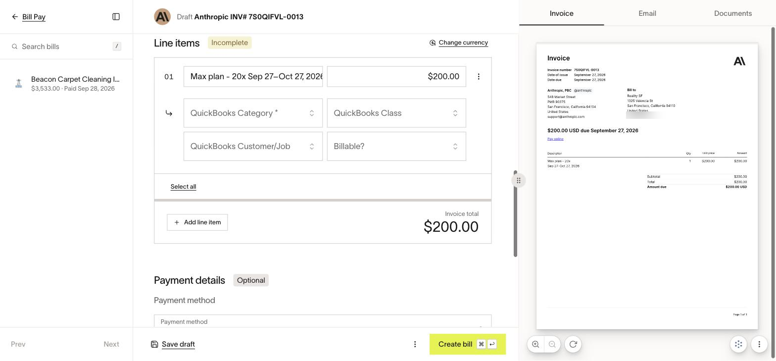 A bill's line items. Each line takes a QuickBooks Category and Class; Category is required before the bill can be created.