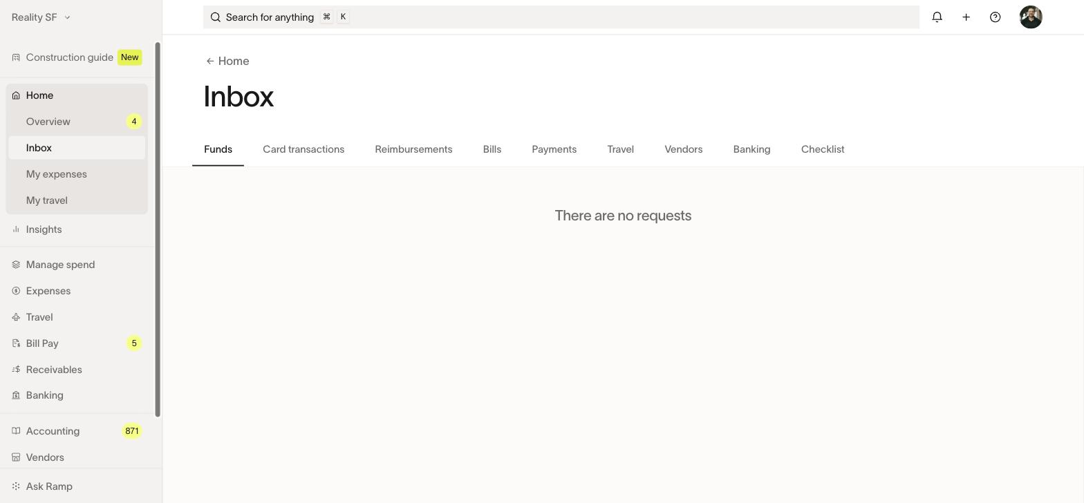 The Inbox, with a tab for each kind of request waiting on you.