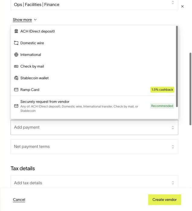 Add payment. Choose Securely request from vendor, the last option.
