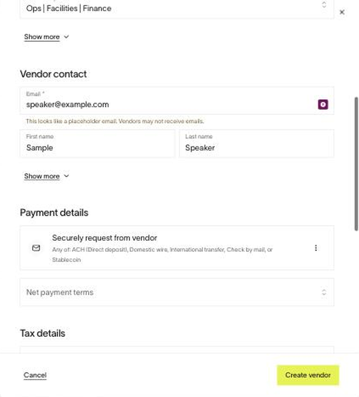 Securely request from vendor selected. Use a real email; the placeholder here triggers a warning.