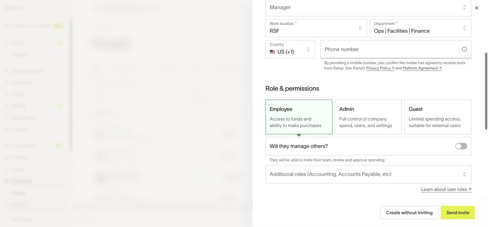 Role and permissions on the invite form. Guest is the one for congregants and volunteers: limited spending access, suitable for external users.