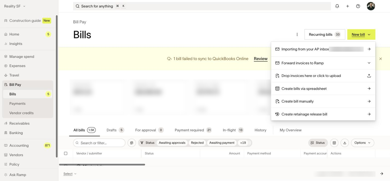 New bill, top right of Bill Pay. Create bill manually is the no-invoice path. Figures and the inbox address are blurred here.
