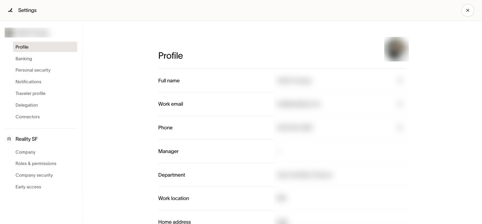 Settings, Profile. Your details are blurred here.