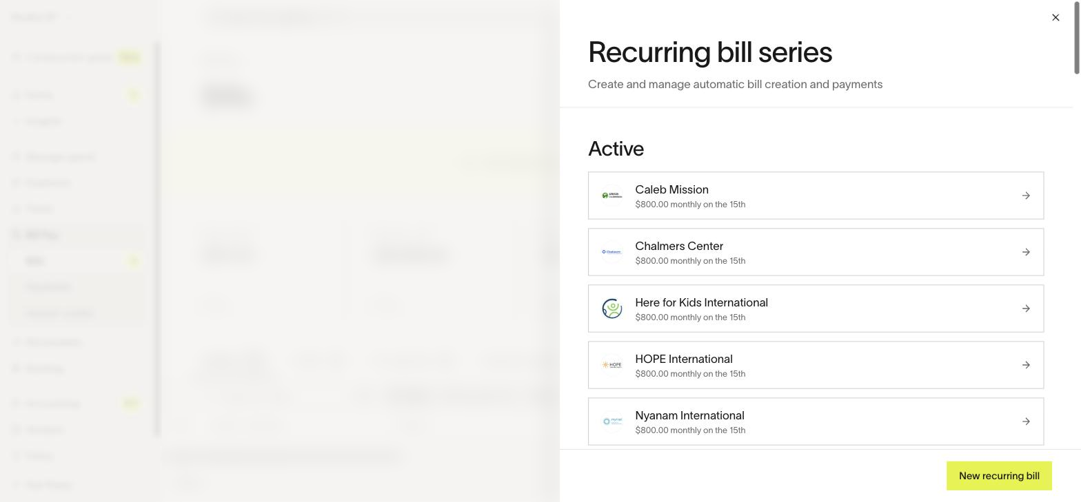 Recurring bill series. Every active series is listed with its amount and day; New recurring bill is bottom right.
