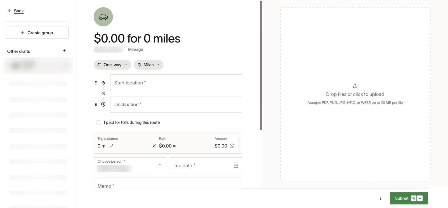 A mileage reimbursement. Start and destination set the distance; Ramp applies the rate. Add tolls, the date and a memo.