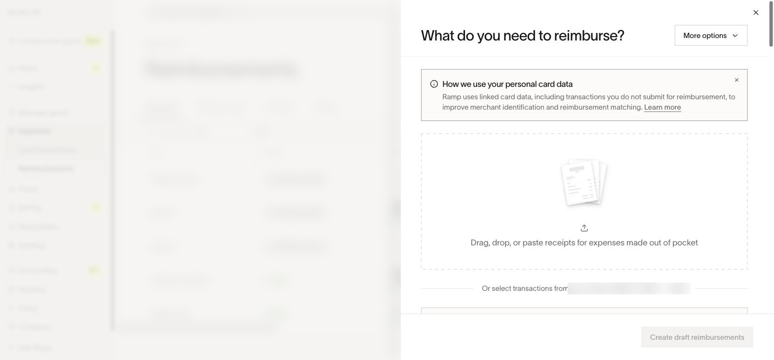 New reimbursement. Drop the receipt here, or pick the charge from a personal card you have linked. More options, top right, holds Mileage and No receipt.