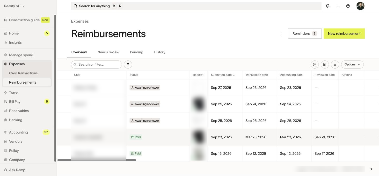 The Status column. Awaiting reviewer means it is with your approver; Paid means the money has left. Names are blurred here.