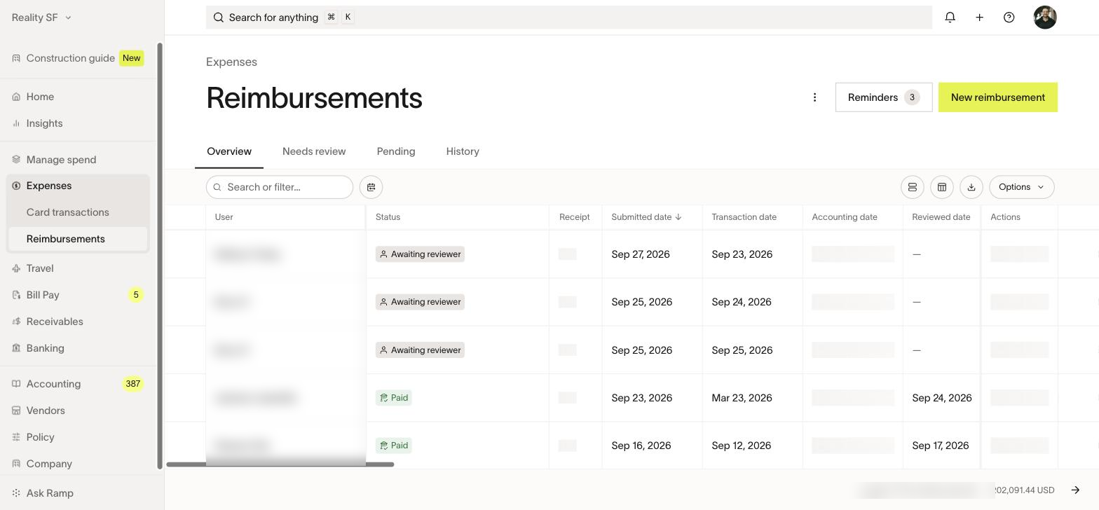 Expenses, Reimbursements. New reimbursement is top right. Names are blurred here.