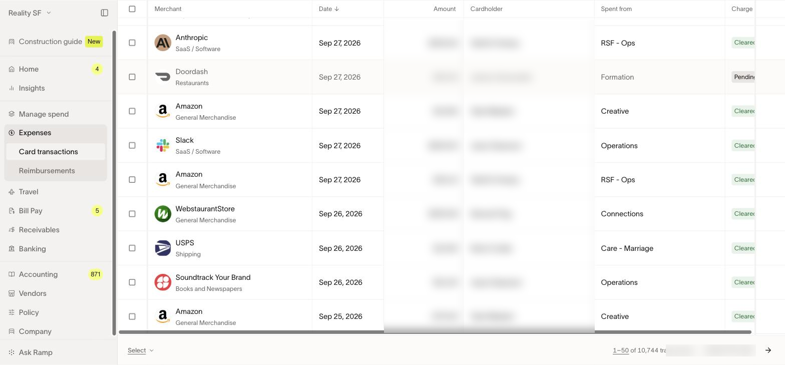 Expenses, Card transactions. Click any row to open it. Amounts and cardholders are blurred here.