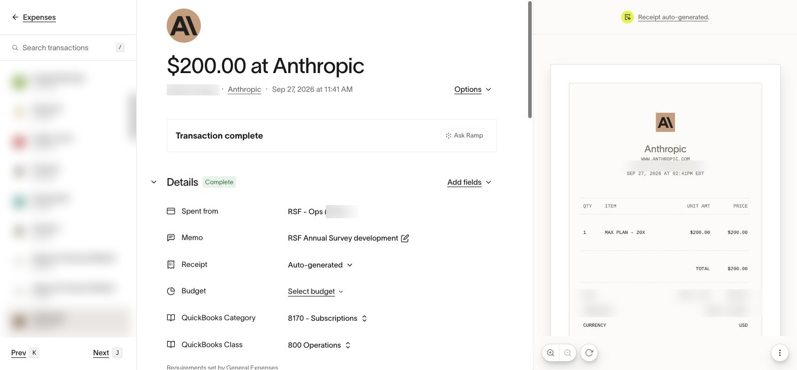A transaction, opened. Memo, Receipt, QuickBooks Category and QuickBooks Class sit together under Details: that is CCMR on one screen.