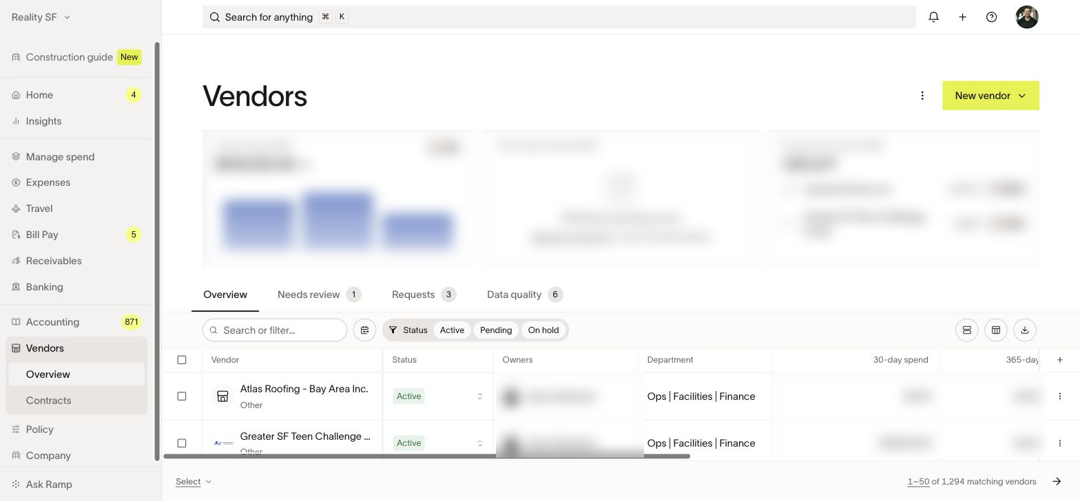 The Vendors list. Search here before creating anyone; most vendors already exist. Spend figures and owners are blurred here.